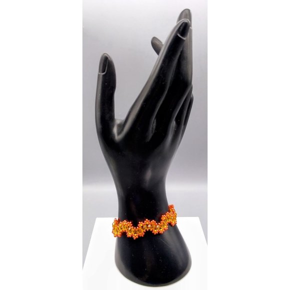 Vintage Teng Yue Orange Bracelet, Stacked Daisies on Beaded Crystal Path - Picture 1 of 4